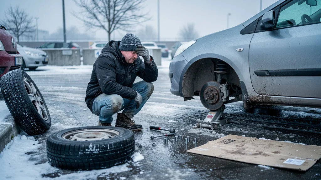 Challenges of Changing Winter Tires Alone in a Parking Lot