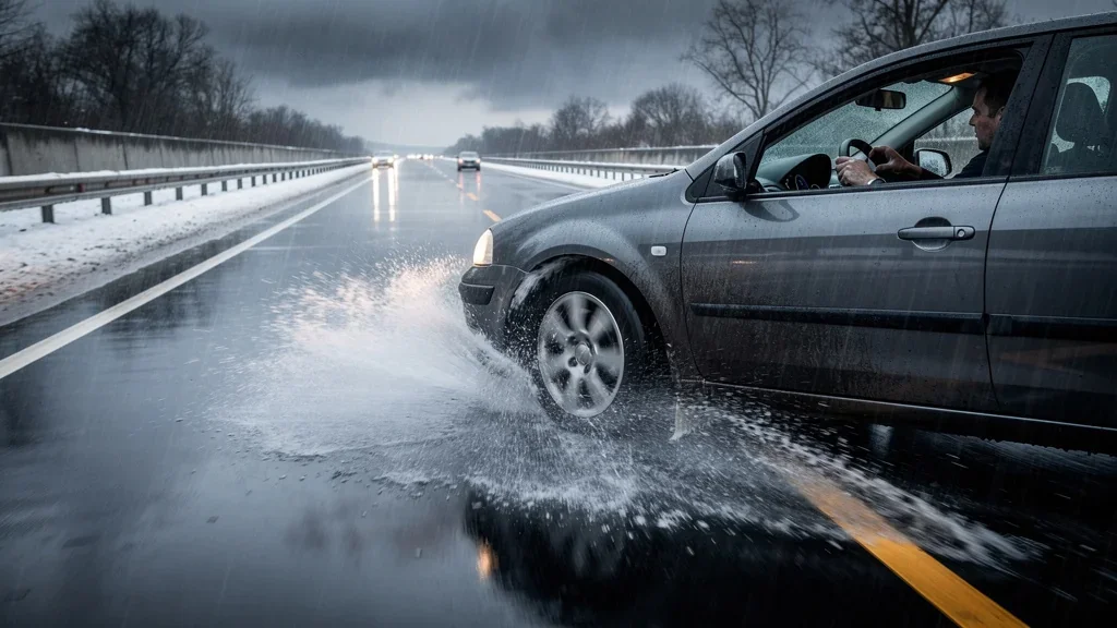 The Lesson of Winter Tires in February: A Personal Experience with Aquaplaning